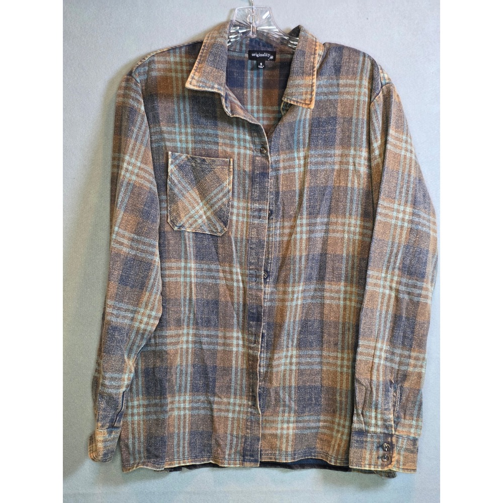 Originality Mens Plaid Flannel Shirt Small Distressed Sun Faded Brown Blue S